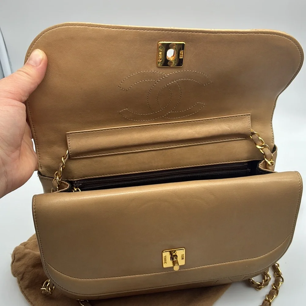 CHANEL HALF MOON BIEGE DOUBLE FLAP QUILTED CC GOLD HW LAMBSKIN SHOULDER BAG